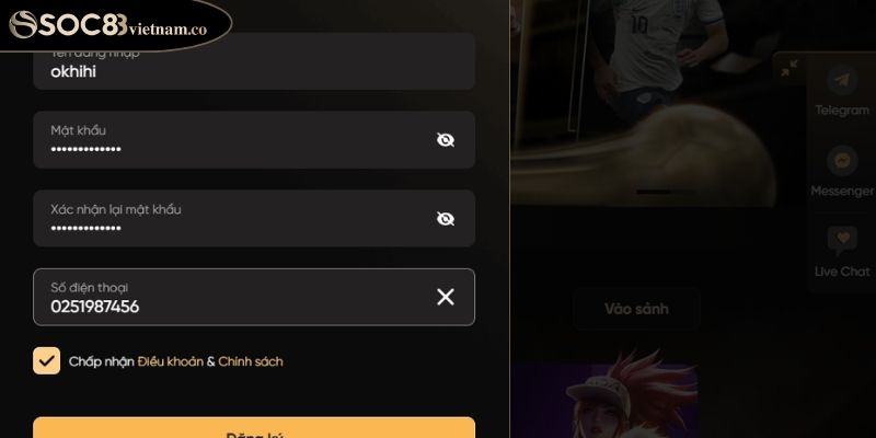 Đăng ký Soc88 2 Điền thông tin đăng ký